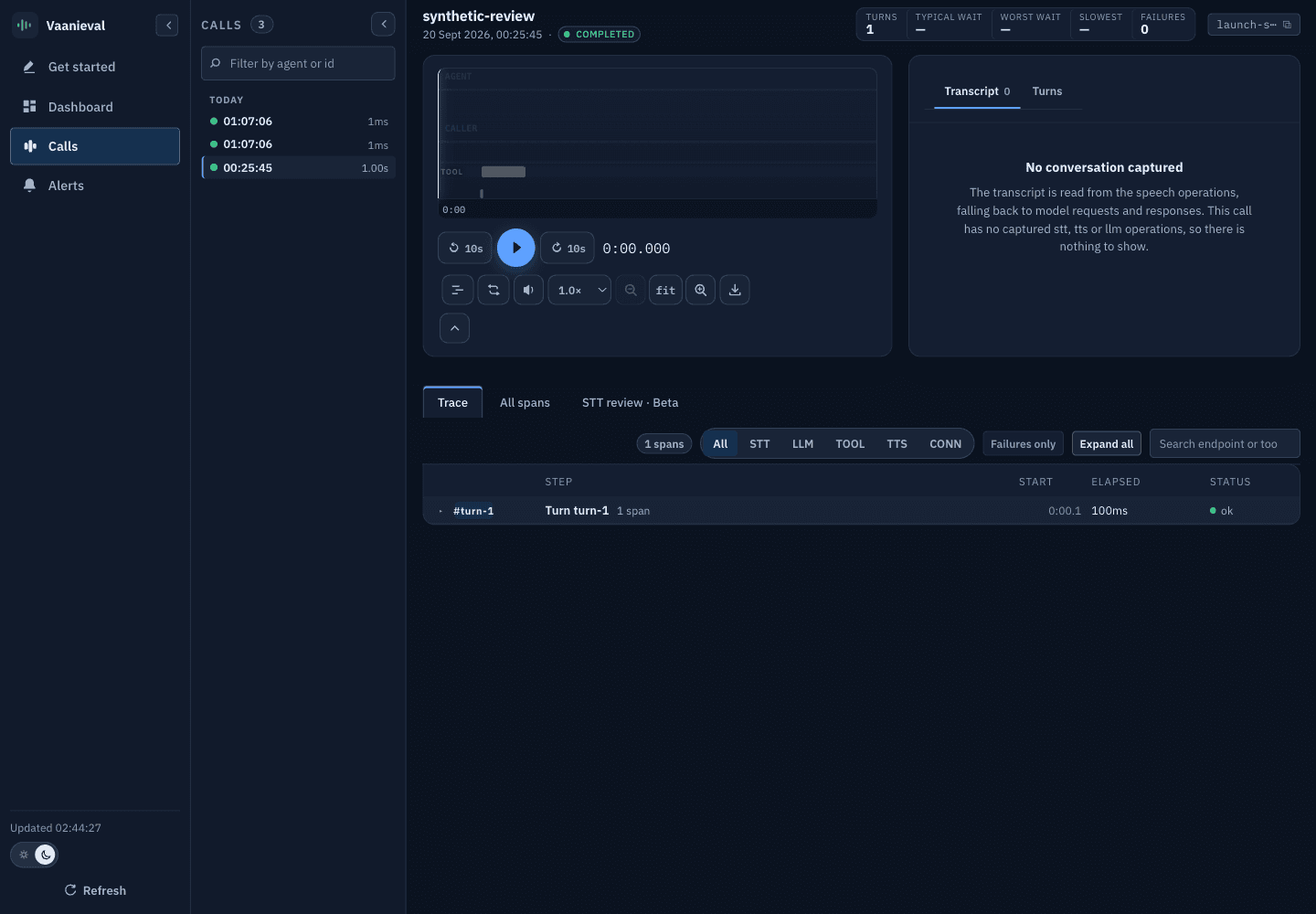 Vaanieval on isolated localhost showing synthetic-review: one tool span, one second of silent audio, no conversation and unavailable voice timing.