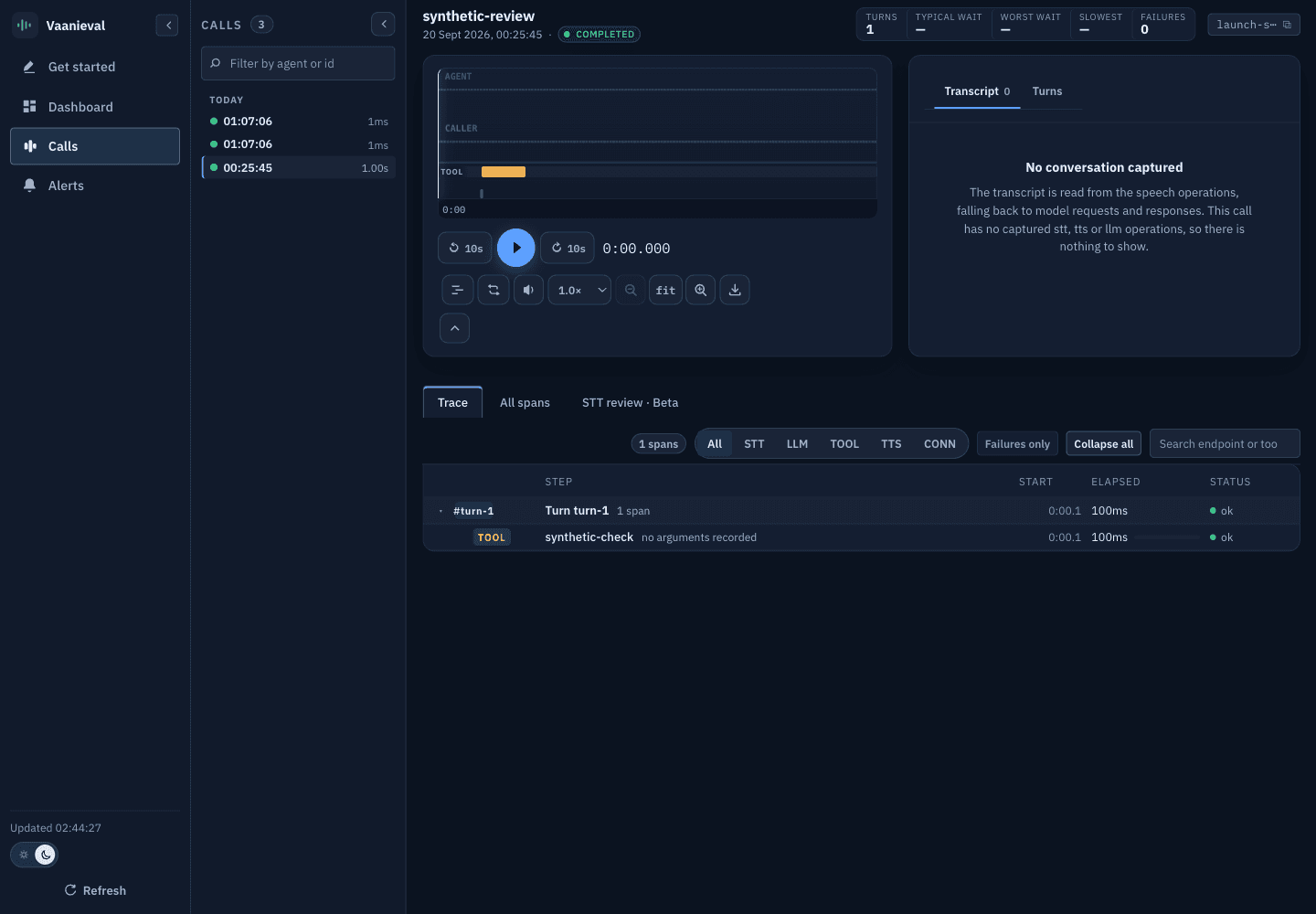 An isolated localhost trace for synthetic-review with one visible tool span, one second of silent audio and no measured voice timing; no provider retries are shown.