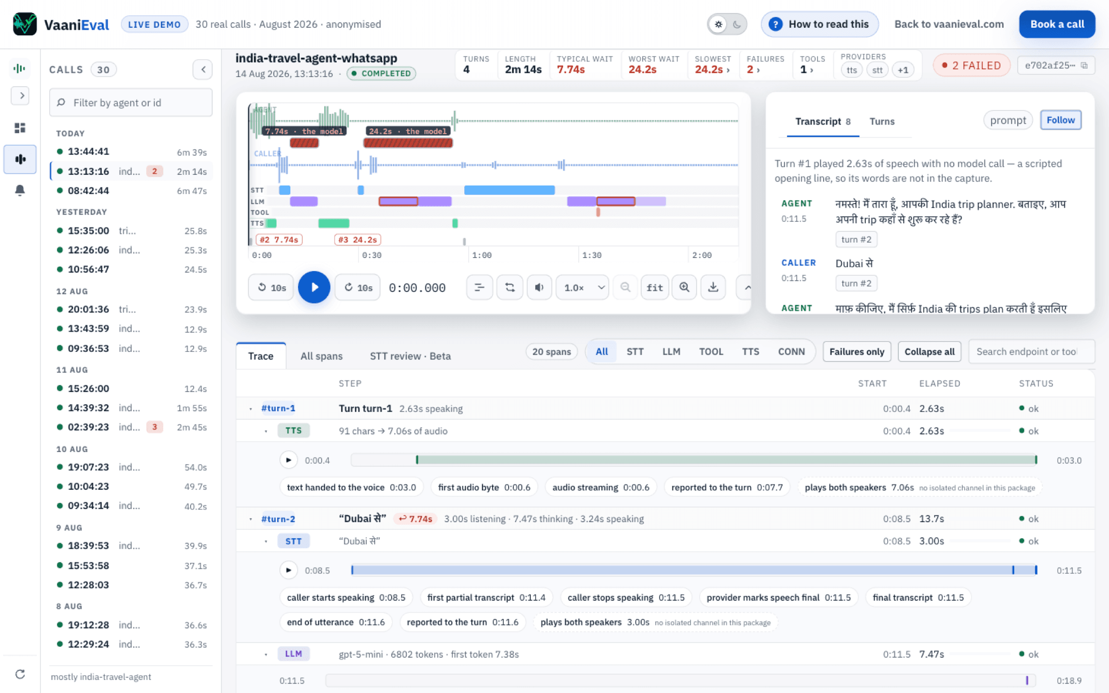 The trace view expanded to milestone level: a TTS span with 'text handed to the voice', 'first audio byte' and 'audio streaming' milestones, and an LLM span whose framework operation covers two HTTP attempts, one of which failed and was retried.